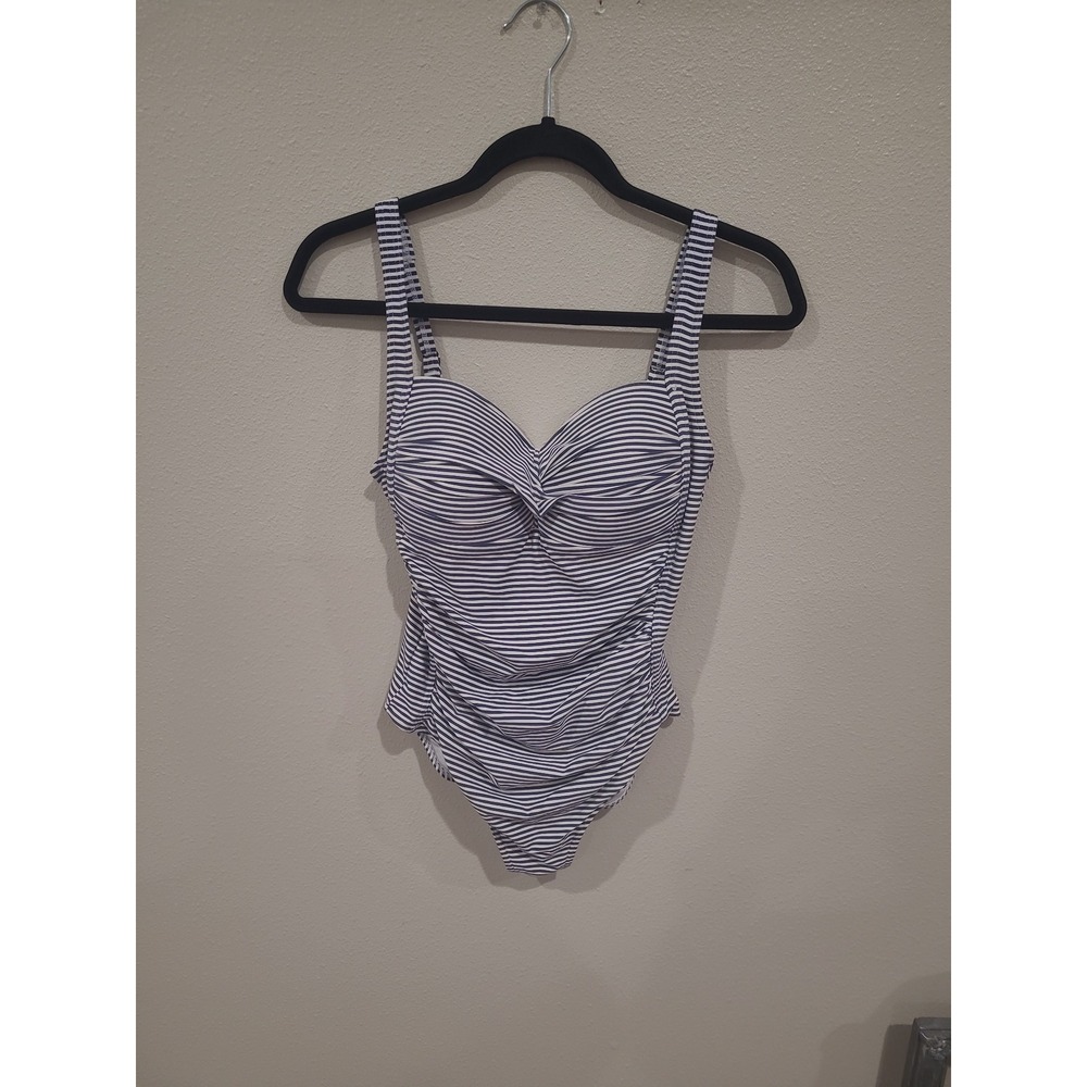 Bond Eye Joanne Blue White stripe ruched twist front Swimsuit Women SZ 8 coastal